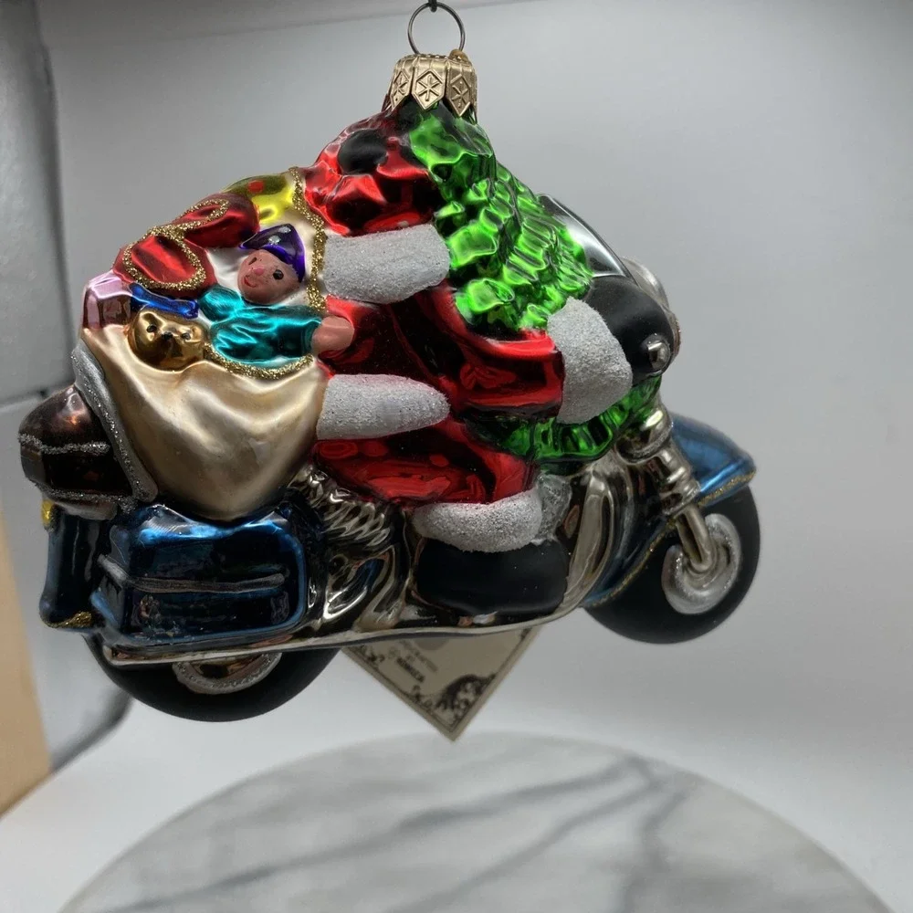 Kurt Adler Santa on Motorcycle Glass Christmas Ornament Blue Silver Red